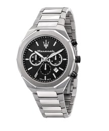 Maserati（マセラティ）の「「Maserati/マセラティ」スタイル - 45mm　クロノグラフ シルバー ブレスレット/ブラックレザー（アナログ腕時計）」