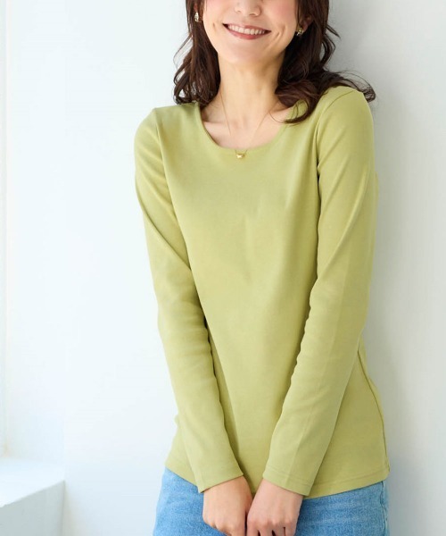 SMILE LAND（スマイルランド）の「＜大きいサイズ＞UVカット綿１００％フライス素材クルーネックＴシャツ（Tシャツ/カットソー・レディース・ネイビー/グレイッシュベージュ/ブラック/オフホワイト/ライム/チャコールグレー/ブラウン・4L/3L/L/5L/LL）」の6枚目の写真