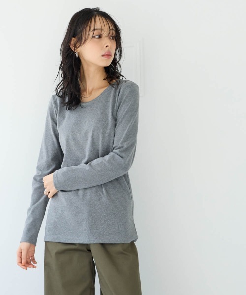 SMILE LAND（スマイルランド）の「＜大きいサイズ＞UVカット綿１００％フライス素材クルーネックＴシャツ（Tシャツ/カットソー・レディース・ネイビー/グレイッシュベージュ/ブラック/オフホワイト/ライム/チャコールグレー/ブラウン・4L/3L/L/5L/LL）」の12枚目の写真