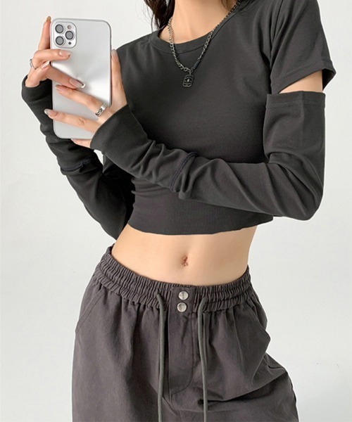 Miniministore（ミニミニストア）の「長袖Tシャツ 袖カットアウト カットソー（Tシャツ/カットソー・レディース・ダークグレー/ブラック・L/M）」の22枚目の写真