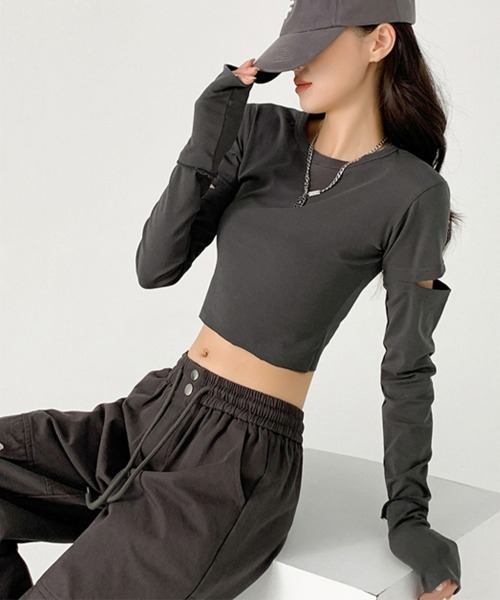 Miniministore（ミニミニストア）の「長袖Tシャツ 袖カットアウト カットソー（Tシャツ/カットソー・レディース・ダークグレー/ブラック・L/M）」の5枚目の写真
