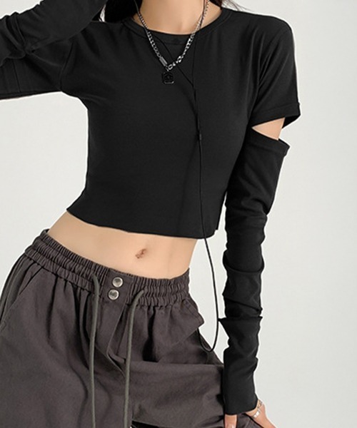 Miniministore（ミニミニストア）の「長袖Tシャツ 袖カットアウト カットソー（Tシャツ/カットソー・レディース・ダークグレー/ブラック・L/M）」の6枚目の写真