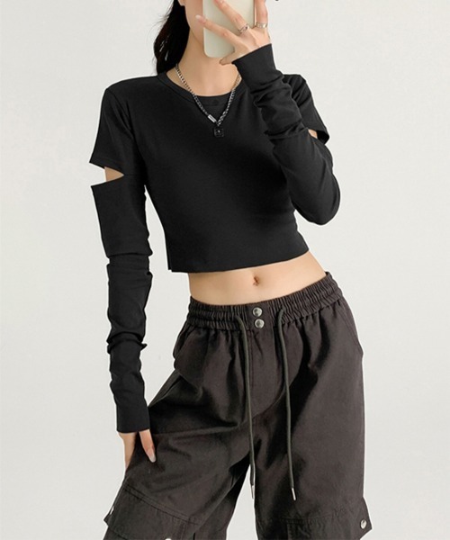 Miniministore（ミニミニストア）の「長袖Tシャツ 袖カットアウト カットソー（Tシャツ/カットソー・レディース・ダークグレー/ブラック・L/M）」の7枚目の写真