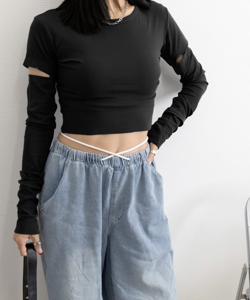 Miniministore（ミニミニストア）の「長袖Tシャツ 袖カットアウト カットソー（Tシャツ/カットソー・レディース・ダークグレー/ブラック・L/M）」の8枚目の写真