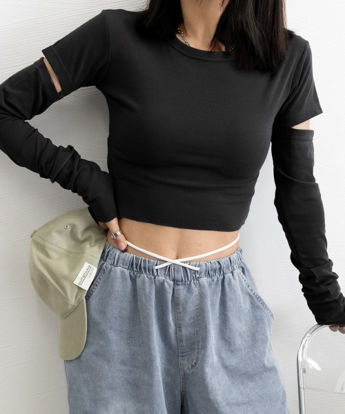 Miniministore（ミニミニストア）の「長袖Tシャツ 袖カットアウト カットソー（Tシャツ/カットソー・レディース・ダークグレー/ブラック・L/M）」の9枚目の写真