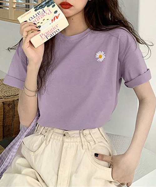 セール】フラワー 刺繍 クルーネック 半袖 Tシャツ（Tシャツ