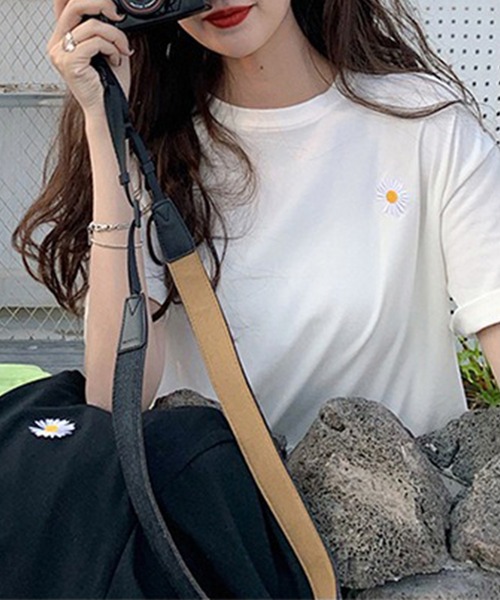 セール】フラワー 刺繍 クルーネック 半袖 Tシャツ（Tシャツ
