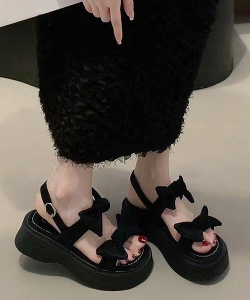 Lace Ladies(レースレディース)の「ダブル リボン ストラップ 厚底 デニム サンダル(サンダル・レディース・ブルー/ブラック・22.5cm/23cm/23.5cm/24cm/24.5cm/25cm)」の2枚目の写真