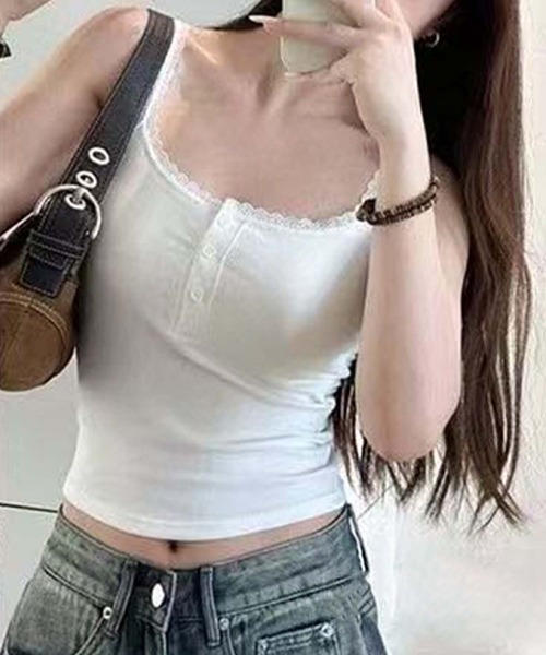 aimoha（アイモハ）の「ストライプ＆レーストリムのキャミソール (SS)（キャミソール・レディース・グレー/その他1/その他/ブラック/ホワイト・FREE）」の2枚目の写真