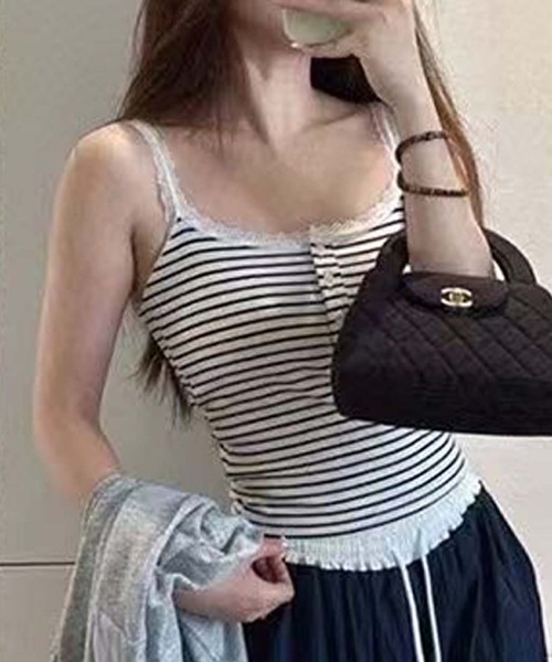 aimoha（アイモハ）の「ストライプ＆レーストリムのキャミソール (SS)（キャミソール・レディース・グレー/その他1/その他/ブラック/ホワイト・FREE）」の4枚目の写真