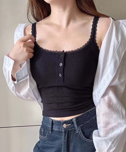 aimoha（アイモハ）の「ストライプ＆レーストリムのキャミソール (SS)（キャミソール・レディース・グレー/その他1/その他/ブラック/ホワイト・FREE）」の3枚目の写真