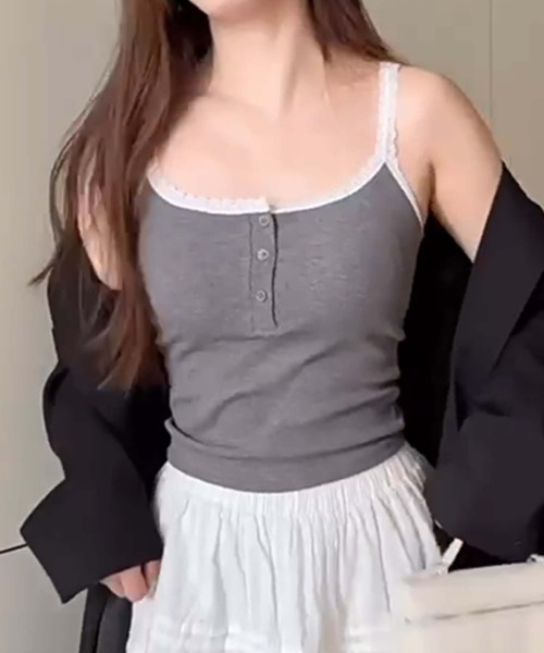 aimoha（アイモハ）の「ストライプ＆レーストリムのキャミソール (SS)（キャミソール・レディース・グレー/その他1/その他/ブラック/ホワイト・FREE）」の14枚目の写真