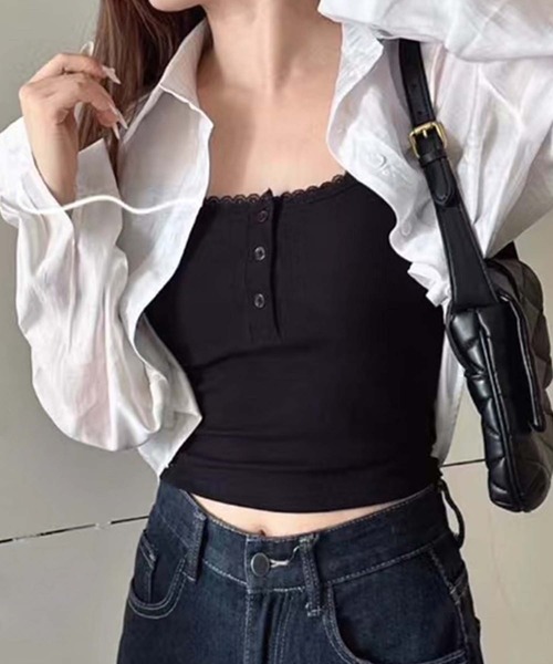 aimoha（アイモハ）の「ストライプ＆レーストリムのキャミソール (SS)（キャミソール・レディース・グレー/その他1/その他/ブラック/ホワイト・FREE）」の8枚目の写真