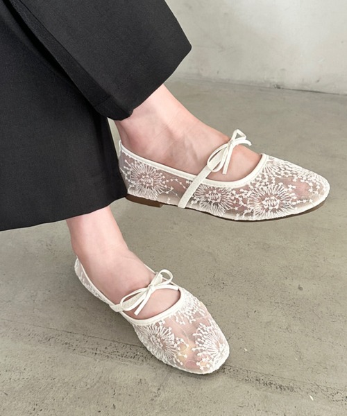 セール】シースルーバレリーナシューズ シアー 刺繍 ビジュー