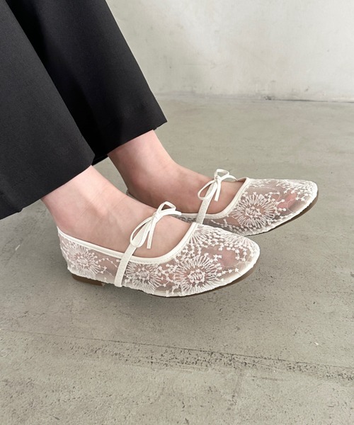 セール】シースルーバレリーナシューズ シアー 刺繍 ビジュー フラット