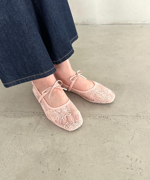 バレリーナ スト フラット リボン パンプス セール】シースルーバレリーナシューズ シアー 刺繍 ビジュー