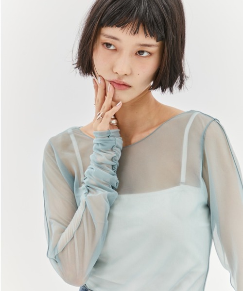 STUDIOUS/ステュディオス】Gathered Sleeve Sheer Top/ギャザー