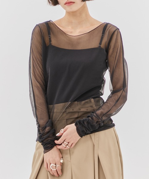 STUDIOUS/ステュディオス】Gathered Sleeve Sheer Top/ギャザー