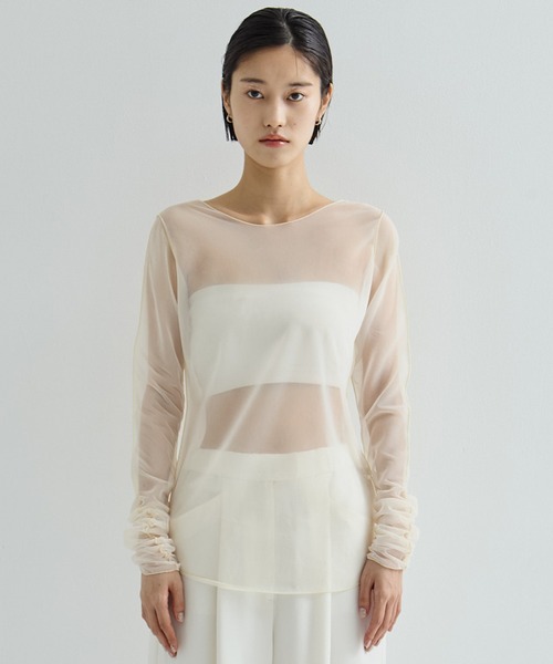 STUDIOUS/ステュディオス】Gathered Sleeve Sheer Top/ギャザー