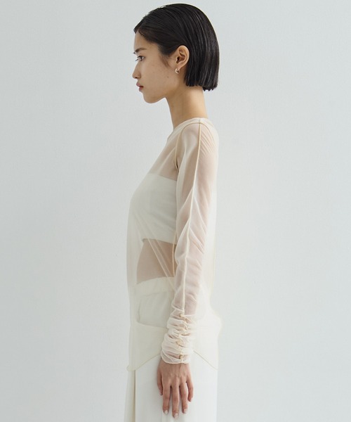 STUDIOUS/ステュディオス】Gathered Sleeve Sheer Top/ギャザー