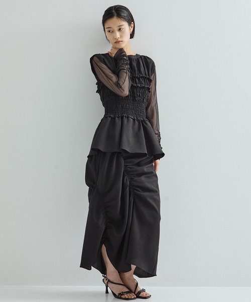 STUDIOUS/ステュディオス】Gathered Sleeve Sheer Top/ギャザー