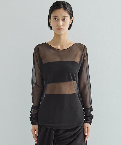 STUDIOUS/ステュディオス】Gathered Sleeve Sheer Top/ギャザー