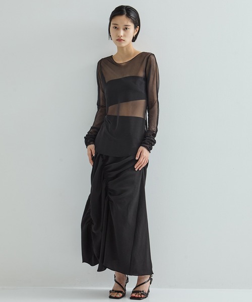STUDIOUS/ステュディオス】Gathered Sleeve Sheer Top/ギャザー