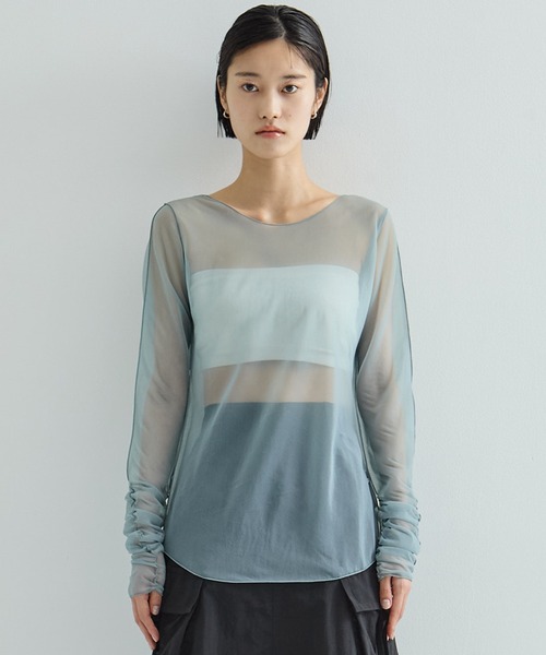 STUDIOUS/ステュディオス】Gathered Sleeve Sheer Top/ギャザー