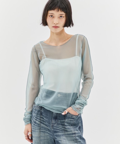 STUDIOUS/ステュディオス】Gathered Sleeve Sheer Top/ギャザー