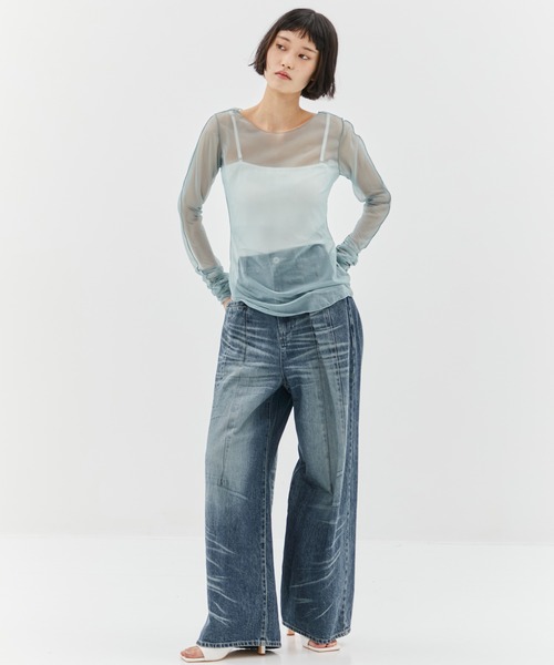 STUDIOUS/ステュディオス】Gathered Sleeve Sheer Top/ギャザー