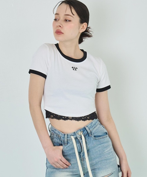 ANAP(アナップ)の「配色 リボン 刺繍 コンパクト リンガー Tシャツ(Tシャツ/カットソー・レディース・ホワイト/ピンク/ブラック・FREE)」の16枚目の写真