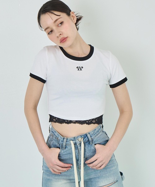 ANAP(アナップ)の「配色 リボン 刺繍 コンパクト リンガー Tシャツ(Tシャツ/カットソー・レディース・ホワイト/ピンク/ブラック・FREE)」の15枚目の写真