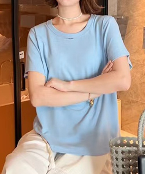 BANICO（バニコ）の「シンプルラウンドネックTシャツ (SS)（Tシャツ/カットソー・レディース・ブルー/ブラック/ダークグレー/ベージュ/ピンク/ホワイト/ダークベージュ・FREE）」の8枚目の写真