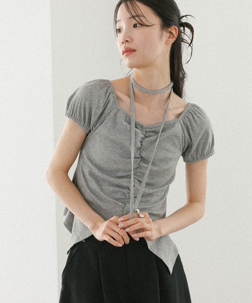 Heather(ヘザー)の「タイ付きフロントスリットカットTEE 573223(Tシャツ/カットソー・レディース・ブラック/グレー/アイボリー・FREE)」の4枚目の写真