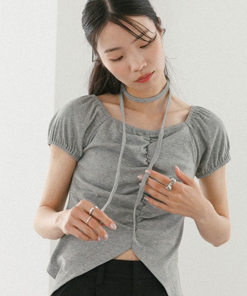 Heather(ヘザー)の「タイ付きフロントスリットカットTEE 573223(Tシャツ/カットソー・レディース・ブラック/グレー/アイボリー・FREE)」の5枚目の写真