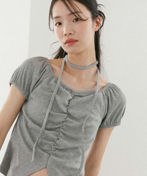 Heather(ヘザー)の「タイ付きフロントスリットカットTEE 573223(Tシャツ/カットソー・レディース・ブラック/グレー/アイボリー・FREE)」の7枚目の写真