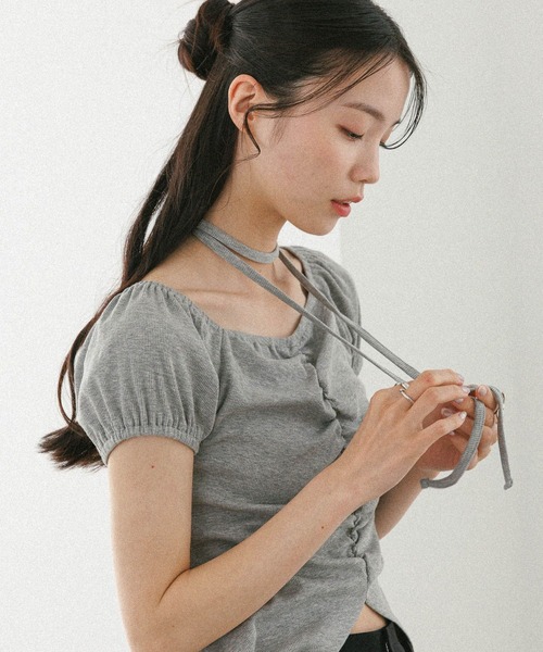 Heather(ヘザー)の「タイ付きフロントスリットカットTEE 573223(Tシャツ/カットソー・レディース・ブラック/グレー/アイボリー・FREE)」の8枚目の写真