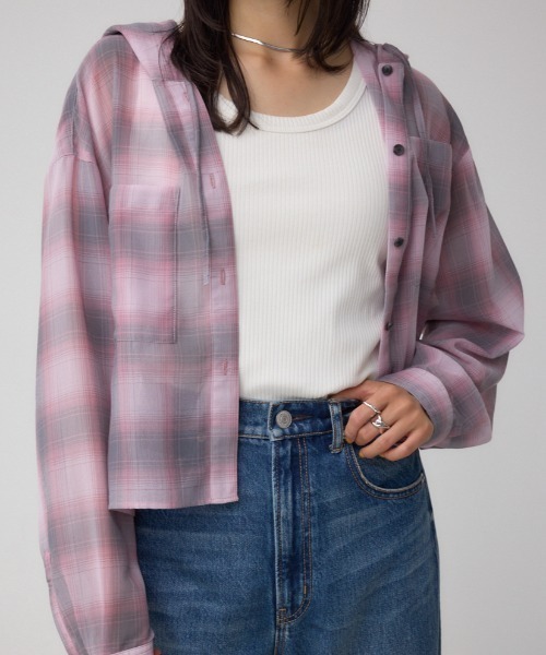 AZUL by moussy(アズールバイマウジー)の「シアーチェックフードシャツ(シャツ/ブラウス・レディース・ピンク系その他/ブラウン系その他/ブラック系その他・MEDIUM/SMALL)」の1枚目の写真