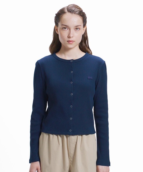 LACOSTE（ラコステ）の「ショート丈 リブジャージカーディガン（カーディガン/ボレロ・レディース・パープル/オリーブ/ブラック/ライトグレー/ライトピンク/ネイビー・34/38/36/40）」の4枚目の写真