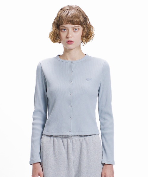 LACOSTE（ラコステ）の「ショート丈 リブジャージカーディガン（カーディガン/ボレロ・レディース・パープル/オリーブ/ブラック/ライトグレー/ライトピンク/ネイビー・34/38/36/40）」の2枚目の写真
