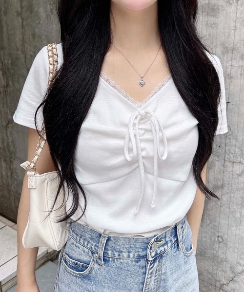 INGNI(イング)の「レース付フロントギャザーリボンリブトップス(Tシャツ/カットソー・レディース・オフホワイト/グレー/ホワイト×ブラック/ブラック・M)」の2枚目の写真