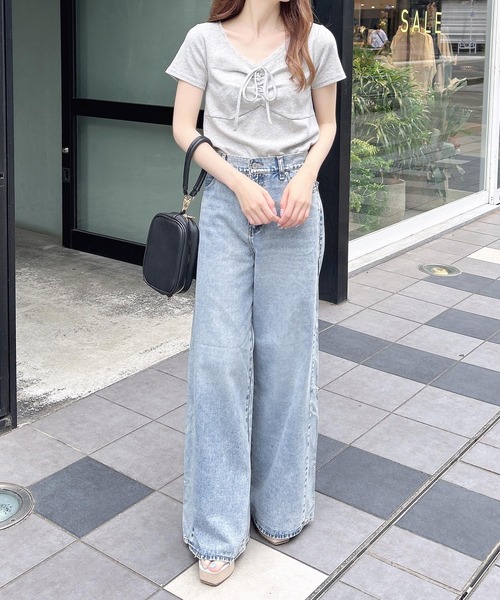 INGNI(イング)の「レース付フロントギャザーリボンリブトップス(Tシャツ/カットソー・レディース・オフホワイト/グレー/ホワイト×ブラック/ブラック・M)」の21枚目の写真