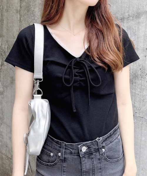 レース付フロントギャザーリボンリブトップス（Tシャツ