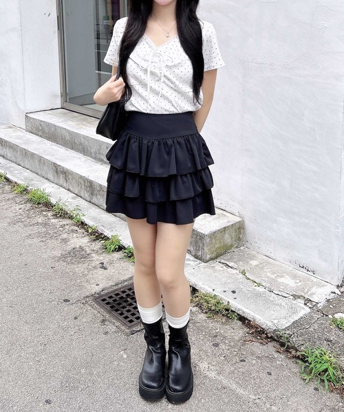 INGNI(イング)の「レース付フロントギャザーリボンリブトップス(Tシャツ/カットソー・レディース・オフホワイト/グレー/ホワイト×ブラック/ブラック・M)」の14枚目の写真