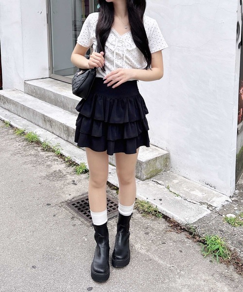 INGNI(イング)の「レース付フロントギャザーリボンリブトップス(Tシャツ/カットソー・レディース・オフホワイト/グレー/ホワイト×ブラック/ブラック・M)」の15枚目の写真