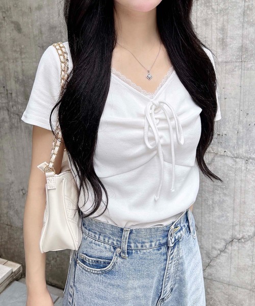 INGNI(イング)の「レース付フロントギャザーリボンリブトップス(Tシャツ/カットソー・レディース・オフホワイト/グレー/ホワイト×ブラック/ブラック・M)」の6枚目の写真