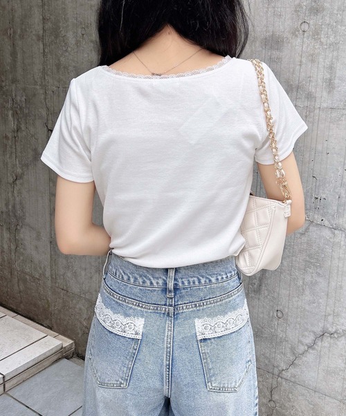 INGNI(イング)の「レース付フロントギャザーリボンリブトップス(Tシャツ/カットソー・レディース・オフホワイト/グレー/ホワイト×ブラック/ブラック・M)」の8枚目の写真