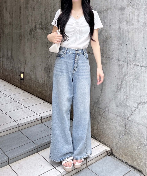 INGNI(イング)の「レース付フロントギャザーリボンリブトップス(Tシャツ/カットソー・レディース・オフホワイト/グレー/ホワイト×ブラック/ブラック・M)」の10枚目の写真