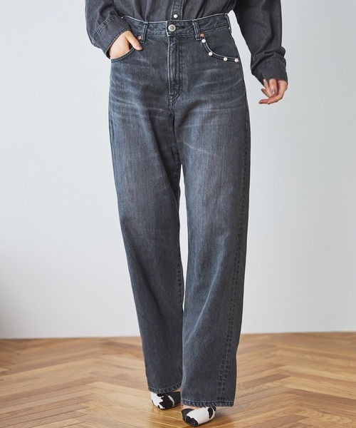 SOMETHING ELSA ヴィンテージルーズストレートパールデニムパンツ