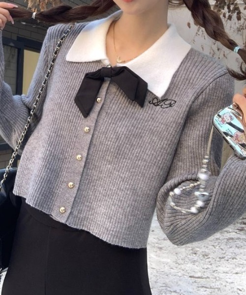 セール】【秋冬新作】リボン付きバイカラーリブニット（ニット